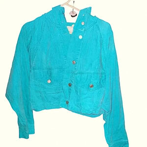 1980's Esprit Light Kelly Green Lightweight Denim Hooded Cropped Jacket Sz S